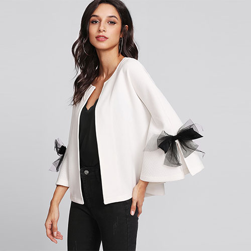 2018 Hot Bow Slit Bell Sleeve Textured Blazer
