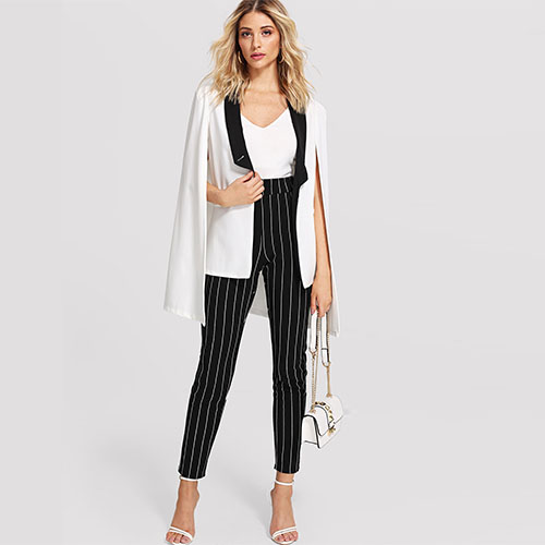 2018 Hot Notch Collar Roll Tab Sleeve Pinstripe Blazer