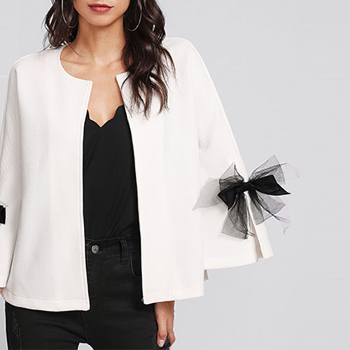 2018 Hot Bow Slit Bell Sleeve Textured Blazer