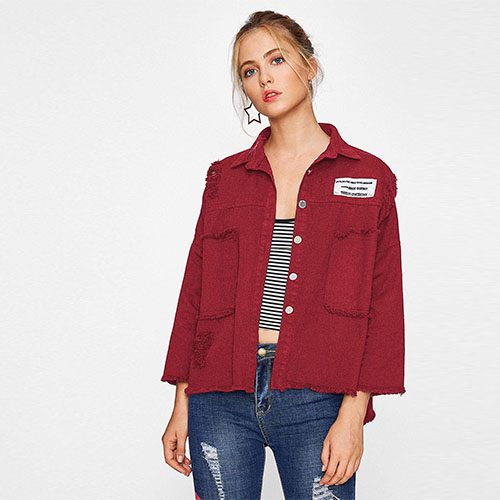 2018 Drop Shoulder Patch Back Distressed Jacket