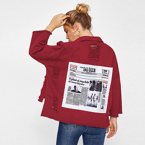 2018 Drop Shoulder Patch Back Distressed Jacket