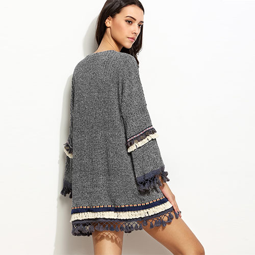2018 Hot Grey Marled Knit Cardigan With Embroidered Tape And Fringe Detail