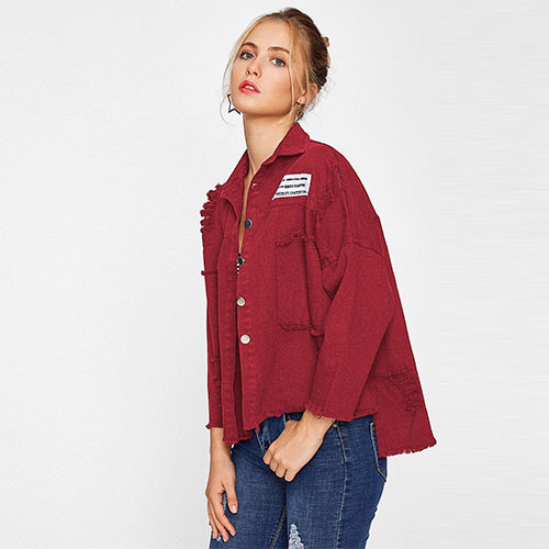 2018 Drop Shoulder Patch Back Distressed Jacket